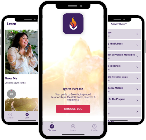 The Ignite Purpose app: the Discover, Learn and Activity History screens